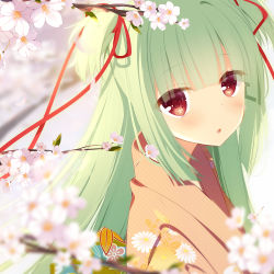 Rule 34 | 1girl, :o, blurry, blurry background, blurry foreground, blush, branch, brown kimono, cariboy, commentary request, depth of field, flower, green hair, hair ribbon, japanese clothes, kimono, long hair, looking at viewer, looking to the side, murasame (senren), parted lips, red eyes, red ribbon, ribbon, senren banka, solo, two side up, upper body, white flower