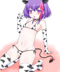 Rule 34 | 1boy, absurdres, animal ears, animal print, b-project, bell, bikini, blush, bow, bulge, choker, collar, cow ears, cow print, cow print bikini, cow tail, crossdressing, elbow gloves, fellatio gesture, gloves, highres, jittorip, korekuni ryuuji, male focus, multicolored hair, neck bell, panties, piercing, print bikini, purple eyes, purple hair, ribbon, short hair, side-tie bikini bottom, side-tie bottom, side-tie panties, solo, swimsuit, tail, tail bow, tail ornament, tail ribbon, thighhighs, tongue, tongue out, trap, two-tone hair, underwear