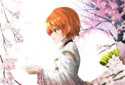 Rule 34 | 1girl, cherry blossoms, cupping hands, detached sleeves, flower, highres, hoshizora rin, love live!, love live! school idol festival, love live! school idol project, orange hair, orein, own hands together, petals, profile, short hair, smile, solo, yellow eyes