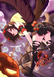 Rule 34 | 2girls, absurdres, animal ears, animal hands, animal print, bent over, bird wings, black hair, black thighhighs, black wings, bow, candy, cloud, demon horns, demon tail, food, full moon, ghost, grin, halloween, halloween costume, hands on own knees, highres, horns, inubashiri momiji, jack-o&#039;-lantern, looking at viewer, looking back, moon, multiple girls, pointy ears, red eyes, red horns, shameimaru aya, short hair, sky, smile, standing, star (sky), starry sky, tail, thighhighs, tiger paws, tiger print, torn clothes, torn thighhighs, touhou, white hair, wings, wolf ears, wolf tail, yuuka (a0240765)