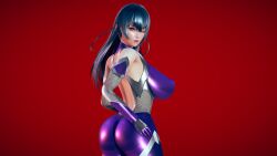Rule 34 | 1girl, 3d, arm guards, ass, ass focus, black hair, bodysuit, breasts, covered erect nipples, eyeshadow, from behind, gloves, green eyes, highres, huge breasts, igawa asagi, lipstick, long hair, looking at viewer, makeup, mascara, nipples, non-web source, one eye closed, pale skin, purple bodysuit, purple gloves, red background, solo, standing, taimanin (series)