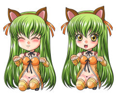 Rule 34 | 10s, 1girl, :3, animal ears, bare shoulders, c.c., cat ears, chibi, closed eyes, code geass, code geass: nunnally in wonderland, detached sleeves, green hair, kaname aomame, long hair, navel, open mouth, panties, paw pose, pink panties, smile, solo, striped clothes, striped thighhighs, thighhighs, underwear, very long hair, yellow eyes
