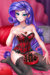 Rule 34 | 1girl, alternate costume, aqua eyes, aqua eyeshadow, artist name, bare shoulders, bed, biting own lip, black bow, black ribbon, black thighhighs, blush, bow, breasts, candy, chocolate, cleavage, closed mouth, collarbone, commentary, corset bodysuit, earrings, english commentary, eyelashes, eyeshadow, fingernails, floral print, food, food on body, food on breasts, frilled thighhighs, frills, grin, heart, highres, indoors, jewelry, lace, large breasts, lingerie, long hair, looking at viewer, makeup, my little pony, my little pony: equestria girls, my little pony: friendship is magic, nail polish, necklace, no shoes, on bed, paid reward available, pantyhose, patreon username, pillow, purple hair, racoon-kun, rarity (my little pony: equestria girls), red nails, ribbon, short sidelocks, sidelocks, sitting, smile, solo, strapless, swept bangs, thighhighs, underwear, valentine, very long hair, watermark, wavy hair, yokozuwari