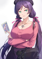 Rule 34 | 1girl, arms under breasts, bag, beret, between fingers, breasts, card, casual, cleavage, closed mouth, collarbone, crossed arms, green eyes, hair ribbon, handbag, hat, heart, heart pendant, highres, hiroki ree, holding, holding bag, holding card, large breasts, long hair, looking at viewer, love live!, love live! school idol project, low twintails, pink shirt, purple hair, purple skirt, ribbon, shirt, simple background, skirt, smile, solo, tojo nozomi, twintails, white background