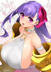 Rule 34 | 1girl, breasts, collar, commentary request, dated, fate/grand order, fate (series), hair ribbon, happa (cloverppd), huge breasts, long hair, looking at viewer, o-ring, o-ring top, passionlip (fate), passionlip (third ascension) (fate), pink eyes, pink ribbon, purple hair, ribbon, sideboob, signature, simple background, solo, upper body, white collar