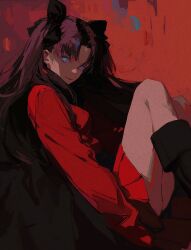 Rule 34 | 1girl, 96yottea, black bow, black footwear, black hair, blue eyes, bow, closed mouth, fate/stay night, fate (series), hair bow, highres, light smile, long sleeves, looking at viewer, parted bangs, red background, red shirt, shirt, simple background, sitting, skirt, solo, tohsaka rin, twintails