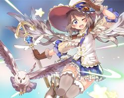 Rule 34 | 10s, 1girl, animal, bird, blue eyes, blue skirt, brown gloves, gloves, grey hair, hat, highres, holding, holding staff, lace, lace-trimmed legwear, lace trim, love live!, love live! sunshine!!, magical girl, miniskirt, one eye closed, owl, popii (yuuta679), short hair, skirt, staff, thighhighs, watanabe you, white hat, white thighhighs