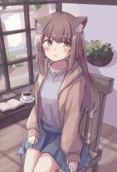 Rule 34 | 1girl, :c, animal ear fluff, animal ears, blue skirt, blush, book, bra strap, brown eyes, brown hair, brown jacket, cat ears, cat girl, coffee, colon br, cowboy shot, cup, disposable cup, drink, grey shirt, hair between eyes, hand on own leg, high-waist skirt, hood, hood down, hooded jacket, indoors, jacket, long hair, long sleeves, looking to the side, miniskirt, open book, open clothes, open jacket, open mouth, original, plant, pleated skirt, potted plant, raised eyebrows, saucer, shirt, shirt tucked in, sidelocks, sitting, skirt, solo, straight hair, teacup, window, wooden chair