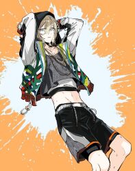 Rule 34 | 1boy, black shorts, blonde hair, crop top, eichi turnr, ensemble stars!, grey eyes, grey shirt, highres, hood, hood up, jacket, jewelry, looking at viewer, male focus, multicolored background, necklace, official alternate costume, orange background, shirt, short hair, shorts, solo, sports survivor (ensemble stars!), tenshouin eichi, white background, white jacket, white shirt