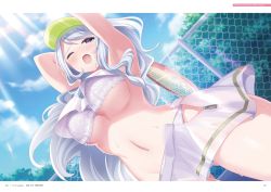 Rule 34 | 1girl, armpits, arms behind head, arms up, blush, bra, breasts, cloud, cowboy shot, day, female focus, from below, ginjou nanami, gluteal fold, groin, hat, highres, holding, holding racket, large breasts, legs, long hair, looking at viewer, navel, official art, omega labyrinth, omega labyrinth life, one eye closed, open mouth, original, outdoors, page number, panties, purple eyes, racket, see-through, skirt, sky, solo, sportswear, standing, sunlight, sweat, tennis, tennis racket, tennis uniform, thighs, tree, u35, underboob, underwear, unzipped, white bra, white hair, white panties, zipper