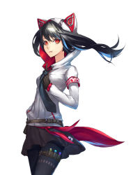 Rule 34 | 1girl, :t, animal hood, armband, bad id, bad pixiv id, belt, black hair, black pantyhose, cat hood, chewing, gloves, hood, legband, long hair, looking at viewer, necktie, neco, original, pantyhose, red eyes, simple background, skirt, solo, thigh strap, white background
