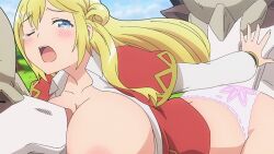 Rule 34 | 1girl, animated, animated gif, ass, bent over, bestiality, between breasts, blonde hair, blue eyes, blush, breasts, breasts out, cleavage, collarbone, enome, face to breasts, forced, futoku no guild, huge breasts, jacket, long hair, nipples, no bra, one eye closed, open clothes, open mouth, open shirt, panties, pink panties, rape, screencap, shirt, tearing up, underwear, white shirt