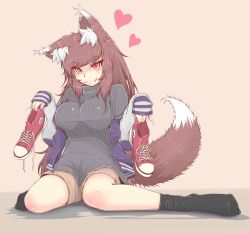 Rule 34 | 1girl, alternate costume, animal ears, black socks, breasts, brown hair, converse, cube85, fang, fang out, fingernails, heart, highres, imaizumi kagerou, large breasts, long fingernails, long hair, looking at viewer, red eyes, ribbed sweater, shoes, unworn shoes, shorts, simple background, sitting, sleeves past wrists, smell, smile, sneakers, socks, solo, sweater, tail, touhou, turtleneck, wariza, wolf ears, wolf tail