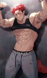 Rule 34 | 1boy, abs, animal ears, arm tattoo, armpit hair, armpits, bara, bare pectorals, black male underwear, black tank top, bound, bound wrists, clothes lift, cross scar, dog boy, dog ears, dog tail, facial scar, grey pants, hao (haozz), highres, large pectorals, male focus, male underwear, male underwear peek, muscular, muscular male, navel, nipples, original, pants, pectorals, red hair, restrained, scar, scar on cheek, scar on chest, scar on face, short hair, solo, sweat, tail, tank top, tattoo, undercut, underwear