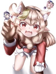 Rule 34 | 1girl, :3, :d, absurdres, ahoge, all fours, alternate eye color, animal ear fluff, animal ears, bangs pinned back, bead necklace, beads, bloomers, blush, box, braid, brown gloves, brown scarf, cat ears, claw pose, coat, commentary request, diona (genshin impact), fake animal ears, genshin impact, gift, gift box, gloves, green eyes, hair between eyes, hat, highres, jewelry, jiangshi, klee (genshin impact), kuma piv, light brown hair, long hair, looking at viewer, low ponytail, low twintails, necklace, no shoes, ofuda, open mouth, pink hair, pointy ears, purple eyes, purple hair, qingdai guanmao, qiqi (genshin impact), reaching, reaching towards viewer, red coat, red eyes, scarf, sidelocks, simple background, single braid, smile, solo, thick eyebrows, twintails, underwear, white background, white legwear