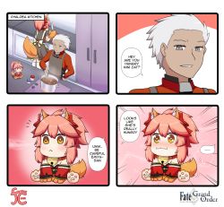 Rule 34 | 1boy, 2girls, alternate costume, animal ear fluff, animal ears, animal hands, apron, archer (fate), bell, brown eyes, cat paws, collar, dark-skinned male, dark skin, dual persona, english text, engrish text, enmaided, fate/grand order, fate/stay night, fate (series), food, fox ears, fox girl, fox tail, gloves, hair ribbon, highres, jingle bell, keita naruzawa, long hair, maid, maid apron, maid headdress, mini person, minigirl, multiple girls, neck bell, paw gloves, paw shoes, pink hair, ponytail, ranguage, red ribbon, ribbon, saliva, shoes, speech bubble, tail, tamamo (fate), tamamo cat (fate), tamamo cat (first ascension) (fate), tamamo cat (second ascension) (fate), waist apron, white apron, white hair, yellow eyes