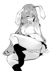 Rule 34 | 1girl, animal ears, asuzemu, bad id, bad twitter id, blush, collared shirt, greyscale, highres, long hair, looking at viewer, monochrome, necktie, open mouth, panties, rabbit ears, rabbit tail, reisen udongein inaba, shirt, skirt, smile, socks, sweat, tail, touhou, underwear, very long hair