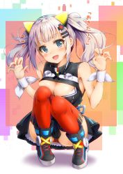 Rule 34 | 1girl, :d, bare shoulders, blue eyes, breasts, cleavage, cleavage cutout, clothes between thighs, clothing cutout, dress, full body, highres, kaguya luna, kuria (clear trip second), large breasts, looking at viewer, multicolored nails, nail polish, obi, open mouth, panties, pantyshot, paw pose, red panties, sash, sleeveless, sleeveless dress, smile, solo, squatting, text focus, the moon studio, thighhighs, translated, twintails, underwear, virtual youtuber
