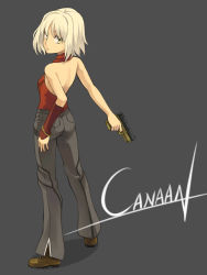Rule 34 | 1girl, 428, back, backless outfit, bad id, bad pixiv id, bare back, bare shoulders, blonde hair, canaan (character), canaan (series), chunsoft, face, gun, halterneck, handgun, jewelry, looking back, minoa (lastswallow), pistol, short hair, solo, weapon, yellow eyes