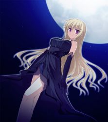 Rule 34 | 1girl, bare shoulders, blonde hair, breasts, dress, elbow gloves, fortissimo//akkord:bsusvier, game cg, gloves, highres, large breasts, legs, long hair, looking at viewer, moon, night, ooba kagerou, pink eyes, sky, solo, standing, star (symbol), thighs