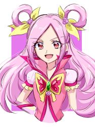 Rule 34 | 1girl, :d, alternate hairstyle, commentary request, cosplay, crossover, cure dream, cure dream (cosplay), cure passion, earrings, eyelashes, fpminnie1, fresh precure!, hair ornament, hair ribbon, happy, higashi setsuna, highres, jewelry, long hair, looking at viewer, magical girl, open mouth, pink hair, precure, puffy short sleeves, puffy sleeves, red eyes, ribbon, shirt, short sleeves, sketch, smile, solo, vest, yellow ribbon, yes! precure 5, yes! precure 5 gogo!