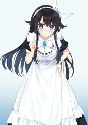Rule 34 | 1girl, alternate costume, apron, black dress, black hair, blue background, blue eyes, blush, bow, breasts, brooch, closed mouth, collared shirt, commentary request, dress, enmaided, frilled apron, frills, gradient background, hair between eyes, hair ribbon, hairband, hand on own hip, hand up, highres, index finger raised, indie virtual youtuber, inugami rin, jewelry, long hair, looking at viewer, maid, medium breasts, puffy short sleeves, puffy sleeves, ribbon, rimo, shirt, short sleeves, smile, solo, very long hair, virtual youtuber, white apron, white bow, white hairband, white ribbon, white shirt