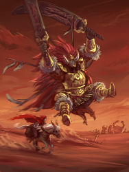 Rule 34 | 1boy, 1other, blaidd the half-wolf, cape, desert, dual wielding, elden ring, from side, giant, giant male, hands up, highres, holding, holding sword, holding weapon, horse, horseback riding, iron fist alexander, jumping, lionel the lionhearted, living jar (elden ring), long hair, moni95424940, parody, racing, red cape, red hair, red sky, red theme, riding, size difference, sky, starscourge radahn, sword, tarnished (elden ring), torrent (elden ring), very long hair, weapon