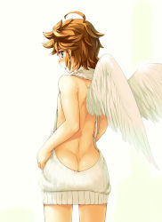 Rule 34 | 1boy, ahoge, angel wings, ass, back, backless dress, backless outfit, backlighting, bare back, bare shoulders, blue eyes, blush, brown hair, butt crack, commentary, cowboy shot, crossdressing, dress, feathered wings, kid icarus, looking at viewer, looking back, male focus, meme attire, naked sweater, nintendo, open mouth, pit (kid icarus), ribbed sweater, shigatera, short hair, shoulder blades, simple background, sleeveless, sleeveless turtleneck, solo, sweater, sweater dress, trap, turtleneck, turtleneck sweater, virgin killer sweater, white background, white sweater, white wings, wings