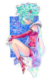 Rule 34 | 1girl, aqua hair, blue eyes, breasts, dress, fetal position, final fantasy, final fantasy vi, floating, highres, looking at viewer, looking to the side, nail polish, red dress, red nails, small breasts, solo, tina branford, traditional media, yqbae