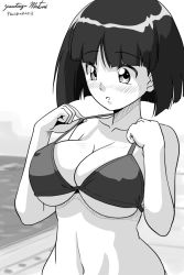 Rule 34 | 1girl, :o, adjusting clothes, adjusting swimsuit, artist name, bikini, blunt bangs, blunt ends, blush, bob cut, breasts, cleavage, commentary, girls und panzer, gotou moyoko, greyscale, halterneck, large breasts, matsui yasutsugu, medium hair, monochrome, navel, parted lips, short hair, signature, solo, swimsuit, upper body