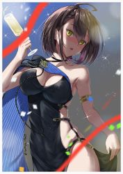 Rule 34 | 1girl, absurdres, ahoge, aiguillette, armlet, armpit crease, azur lane, baltimore (azur lane), baltimore (evening breeze minuet) (azur lane), black choker, black dress, blue background, blue cape, blurry, blurry foreground, blush, braid, breasts, brown hair, cape, champagne flute, choker, cleavage, collarbone, commentary, confetti, covered navel, cowboy shot, cup, dress, drinking glass, evening gown, french braid, gradient background, grey background, hair between eyes, highres, holding, holding cup, large breasts, looking at viewer, nose blush, open mouth, sankyo (821-scoville), short hair, side slit, sidelocks, single bare shoulder, skindentation, solo, sparkle, standing, strapless, strapless dress, twitter username, two-tone cape, yellow eyes