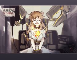 Rule 34 | 1girl, bad end, blonde hair, cable, closed eyes, cuffs, electricity, forced smile, handcuffs, long hair, looking at viewer, machinery, messy hair, restrained, senki zesshou symphogear, shirt, short sleeves, solo, tachibana hibiki (symphogear), tagme, vegs, white shirt