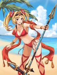 Rule 34 | 10s, 1girl, armpits, bare shoulders, beach, bikini, blonde hair, blue eyes, blush, breasts, cleavage, cloud, cloudy sky, collarbone, day, eruthika, eyewear on head, flower, glasses, granblue fantasy, hair flower, hair ornament, holding, holding weapon, large breasts, leaf, long hair, looking at viewer, navel, open mouth, outdoors, red bikini, sand, shawl, side-tie bikini bottom, sky, smile, solo, standing, stomach, sunglasses, swimsuit, tsurime, twintails, water, weapon, zeta (granblue fantasy), zeta (summer) (granblue fantasy)