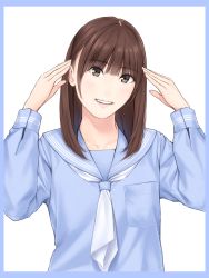 Rule 34 | 1girl, arms up, blue sailor collar, blue serafuku, blunt bangs, brown eyes, brown hair, character request, commentary request, copyright request, hands up, highres, light blush, lips, long sleeves, looking at viewer, medium hair, nayuta69, neckerchief, open mouth, real life, sailor collar, school uniform, serafuku, smile, solo, teeth, upper body, upper teeth only, white neckerchief