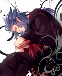 Rule 34 | 2boys, axel (kingdom hearts), black coat, black coat (kingdom hearts), black gloves, blue hair, coat, commentary request, covered eyes, covering another&#039;s eyes, cross scar, earrings, furrowed brow, gloves, hand on another&#039;s face, highres, jewelry, kingdom hearts, kingdom hearts 358/2 days, kingdom hearts ii, leaf, leaning, leaning back, leaning forward, long coat, long hair, looking at another, looking down, male focus, medium hair, minatoya mozuku, multiple boys, organization xiii, parted lips, pointy ears, red hair, sad, saix, scar, scar on face, sidelocks, spiked hair, stud earrings, yellow eyes