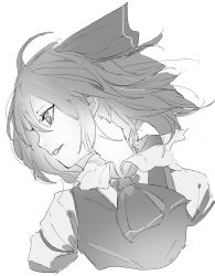 Rule 34 | 1girl, absurdres, ascot, collared shirt, greyscale, hair between eyes, hair ribbon, highres, ikurauni, looking to the side, monochrome, ribbon, rumia, shirt, short hair, simple background, solo, touhou, upper body, vest, white background