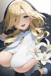 Rule 34 | 1girl, absurdres, agnes (counter:side), black gloves, blonde hair, blush, breast curtains, breasts, counter:side, flower, glint, gloves, green eyes, habit, hair over one eye, highres, jeon-eo konoshiro, large breasts, lily (flower), looking at viewer, nun, smile, solo, teeth, underboob, upper body, upper teeth only