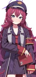 Rule 34 | 1girl, black hat, black jacket, black shirt, blue archive, book, closed mouth, collarbone, fingernails, grey eyes, hat, highres, holding, holding book, iroha (blue archive), jacket, long hair, long sleeves, looking at viewer, morumoru x, necktie, peaked cap, red hair, red necktie, shirt, simple background, solo, white background