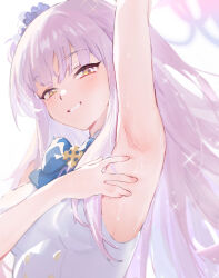 Rule 34 | 1girl, :d, absurdres, arm up, armpit focus, armpits, blue archive, blush, bow, bowtie, breasts, commentary, dress, hair bun, halo, highres, long hair, looking at viewer, maqin, mika (blue archive), open mouth, pink halo, presenting armpit, purple eyes, purple hair, sideboob, simple background, single side bun, sleeveless, sleeveless dress, smile, solo, sparkle, sweat, symbol-only commentary, upper body, white background
