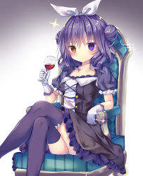 Rule 34 | 1girl, alcohol, armchair, bad id, bad pixiv id, black dress, black thighhighs, blush, bow, breasts, brown eyes, chair, closed mouth, collarbone, crossed legs, cup, double bun, dress, drinking glass, frilled dress, frills, gloves, hair between eyes, hair bun, hair ribbon, heterochromia, highres, holding, holding cup, holding drinking glass, looking at viewer, original, puffy short sleeves, puffy sleeves, purple eyes, purple hair, ribbon, short sleeves, side bun, simple background, sitting, small breasts, solo, sparkle, thighhighs, tsuruse, white background, white bow, white gloves, white ribbon, wine, wine glass