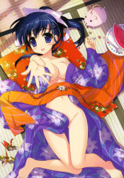 Rule 34 | 1girl, :d, barefoot, blue eyes, blue hair, breasts, cleavage, food, from above, fruit, fujima takuya, highres, japanese clothes, kimono, legs, lying, matching hair/eyes, musen ran, naked kimono, navel, no bra, no panties, on back, open clothes, open kimono, open mouth, origami, outstretched hand, paper crane, ponytail, r-15 (series), smile, solo, tatami, watermelon