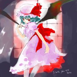Rule 34 | 1girl, bent over, english text, engrish text, female focus, hat, indoors, leaning forward, looking back, mo, mob cap, pink hat, ranguage, remilia scarlet, shunsei (muratou), solo, touhou, wings
