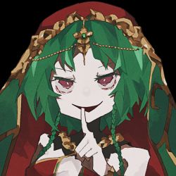 Rule 34 | 1girl, bags under eyes, black background, braid, breasts, cleavage, close-up, colored eyelashes, evil smile, fate/grand order, fate (series), finger to mouth, furrowed brow, gem, green hair, haku miso, half-closed eyes, open mouth, pale skin, parted bangs, parted lips, red eyes, red headwear, salome (fate), short hair, shushing, simple background, smile, smug, solo, tsurime, upper body, veil