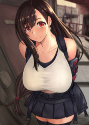 Rule 34 | 1girl, arms behind back, bare shoulders, black skirt, breasts, brown hair, collarbone, elbow gloves, final fantasy, final fantasy vii, final fantasy vii remake, gloves, kokuriu, large breasts, long hair, looking at viewer, low-tied long hair, pleated skirt, red eyes, shirt, skirt, smile, solo, sports bra, suspender skirt, suspenders, tank top, taut clothes, taut shirt, thighhighs, tifa lockhart, white tank top