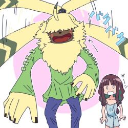 Rule 34 | angoramon, belt, brown hair, digimon, digimon ghost game, fang, long hair, looking at another, lowres, open mouth, rabbit, tsukiyono ruli