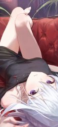Rule 34 | 1girl, black dress, blue hair, couch, dress, foreshortening, gnns, highres, indoors, jewelry, light blue hair, looking at viewer, lying, necklace, on back, original, outstretched legs, palm tree, pencil dress, purple eyes, short hair, solo, tree, virtual youtuber