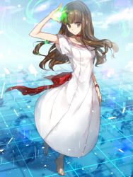 Rule 34 | 10s, 1girl, arm up, bad id, bad twitter id, barefoot, brown eyes, brown hair, chocoan, choker, day, dress, fate/extella, fate/extra, fate (series), floating hair, jewelry, kishinami hakuno (female), long hair, looking at viewer, magic, neck ring, sky, solo, white dress