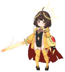 Rule 34 | 1girl, absurdres, ahoge, bailingxiao jiu, black footwear, blush, brown eyes, brown hair, cape, claw (weapon), closed mouth, clothing cutout, commentary request, flaming sword, flaming weapon, halo, highres, holding, holding sword, holding weapon, hood, hood down, hooded jacket, jacket, laurel crown, long sleeves, looking at viewer, navel, navel cutout, original, puffy long sleeves, puffy sleeves, red cape, shoes, sleeves past wrists, smile, solo, standing, sword, thighhighs, torn cape, torn clothes, warhammer 40k, weapon, yellow jacket, yellow thighhighs