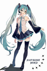 Rule 34 | 1girl, :d, absurdres, aqua eyes, aqua hair, aqua necktie, aqua trim, arm tattoo, bare shoulders, black footwear, black skirt, black sleeves, black thighhighs, breasts, character name, collared shirt, commentary, dan huang su tankou, detached sleeves, english commentary, full body, hair between eyes, hatsune miku, headset, highres, long hair, looking at viewer, miniskirt, necktie, number tattoo, open mouth, pleated skirt, shadow, shirt, shoes, simple background, skirt, sleeveless, sleeveless shirt, small breasts, smile, solo, standing, star (symbol), tattoo, teeth, thighhighs, tie clip, upper teeth only, very long hair, vocaloid, white background, white shirt, wide sleeves, zettai ryouiki