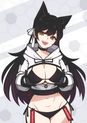 Rule 34 | 1girl, absurdres, animal ears, atago (azur lane), azur lane, bacon strips, bikini, black choker, black gloves, black hair, breasts, choker, fangs, gloves, hair ribbon, highres, hood, hooded jacket, jacket, large breasts, long hair, mole, mole under eye, navel, open clothes, open jacket, open mouth, patterned background, remove before flight tag, ribbon, side-tie bikini bottom, smile, swimsuit, tag, teeth, tongue, tongue out, yellow eyes